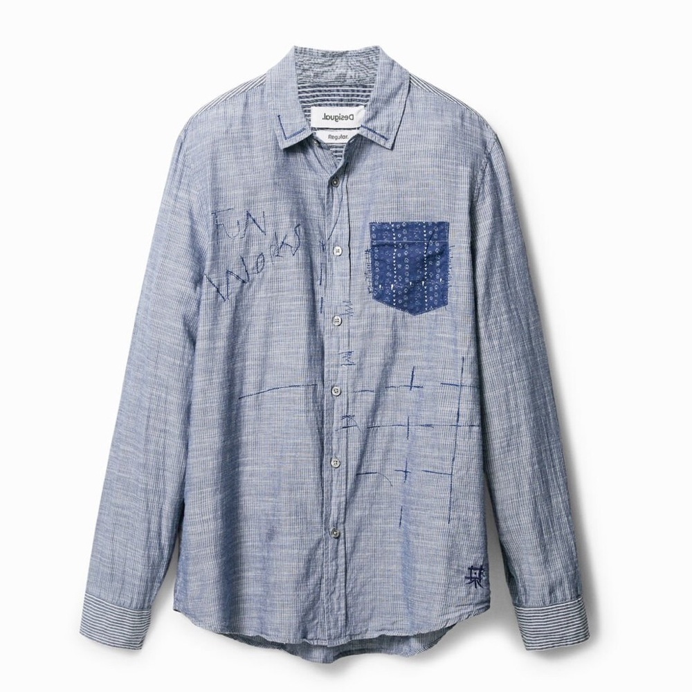 DESIGUAL Stripe Embroidered Shirt with Contrasting Pocket | Small | Unisex |